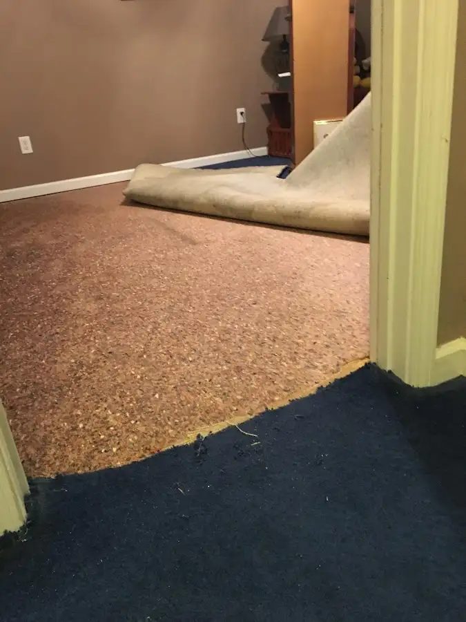 Carpet pad removal revealing water damage during Water Mitigation Services in Los Fresnos